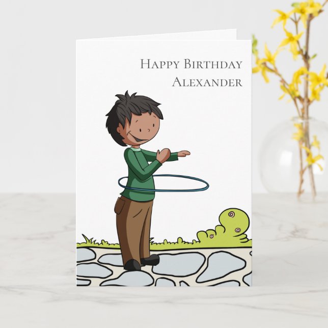 Tarjeta Niño con Hula Hoop cumpleaños feliz personalizado (flor amarilla)