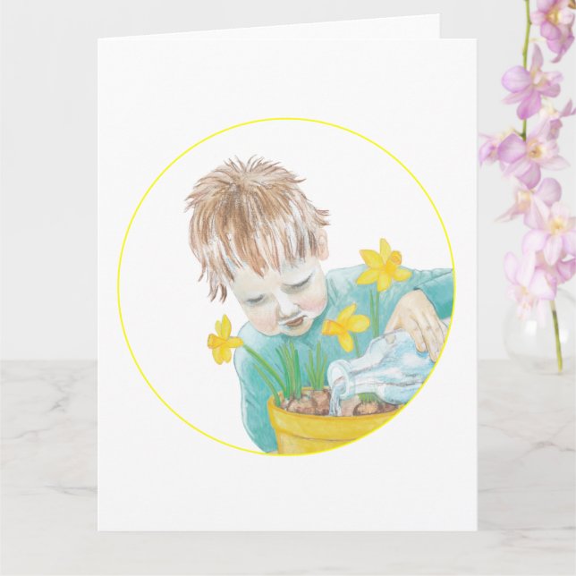 Tarjeta Niño Con Narcisos   (Orquídea)