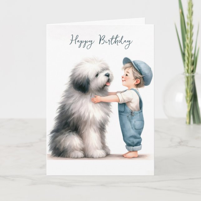 Tarjeta Niño de cumpleaños abrazando la acuarela del perro (Anverso)