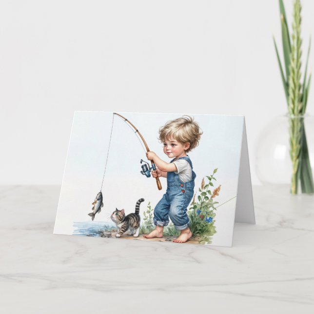 Tarjeta Niño De Cumpleaños Pescando Con Gatito (Anverso)