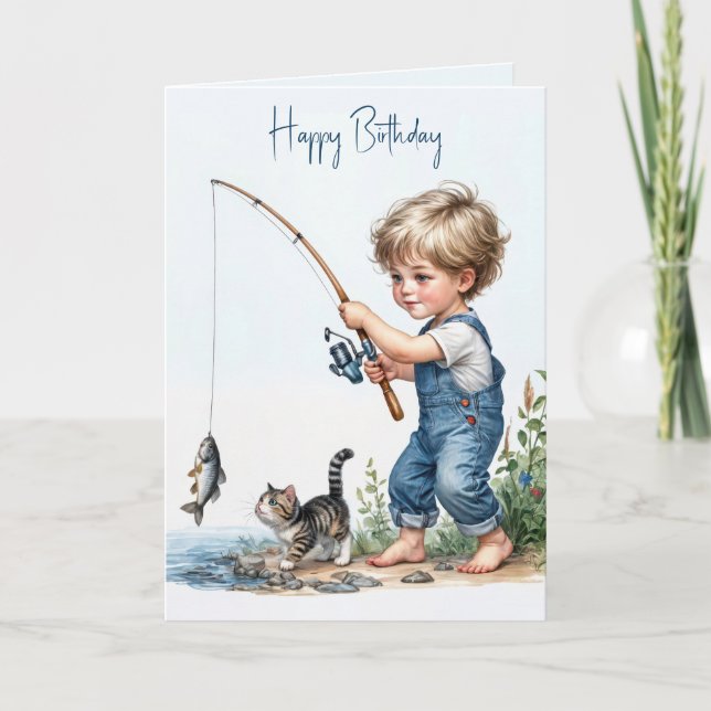 Tarjeta Niño De Cumpleaños Que Pesca Con Gatito (Anverso)