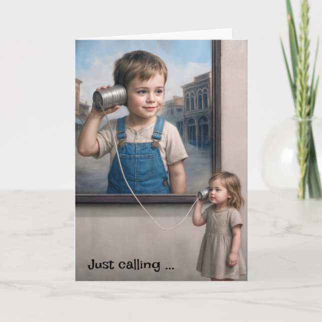 Tarjeta Niño de cumpleaños y Chica con teléfonos Tin Can (Anverso)