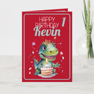 Tarjeta Niño de Dinosaurio Verde y Rojo Cuto Primer Cumple