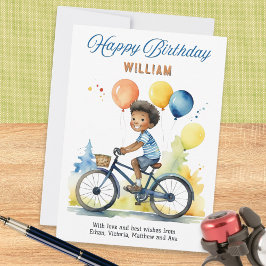 Tarjeta Niño De Globos Coloridos En Bicicleta Feliz Cumple