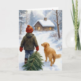 Tarjeta Niño de Navidad con árbol de pino y perro