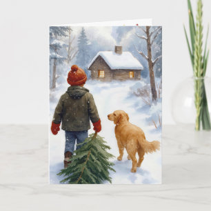 Tarjeta Niño de Navidad con árbol de pino y perro
