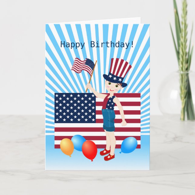 Tarjeta Niño del 4 de julio de cumpleaños con bandera de E (Anverso)