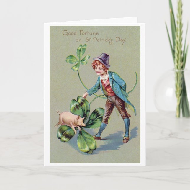Tarjeta Niño del Día de San Patricio y cerdo afortunado, c (Anverso)