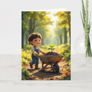 Tarjeta Niño empujando un árbol en una flecha de ruedas