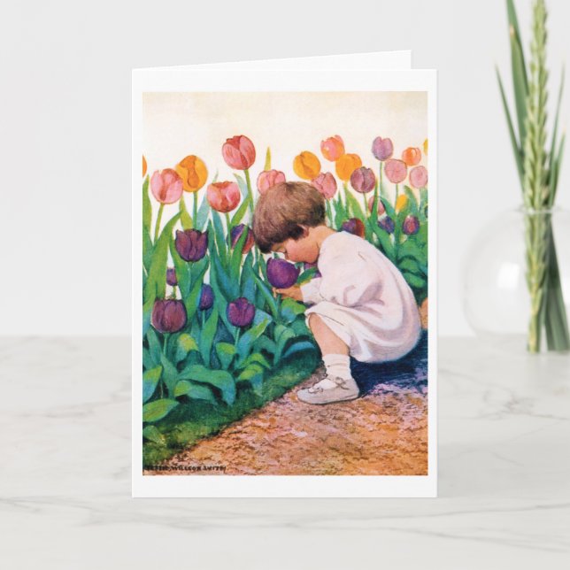 Tarjeta Niño en el jardín de flores de Tulip, Jessie Willc (Anverso)