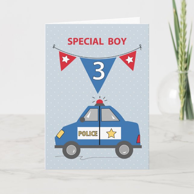 Tarjeta Niño especial 3 cumpleaños, auto de la policía azu (Anverso)