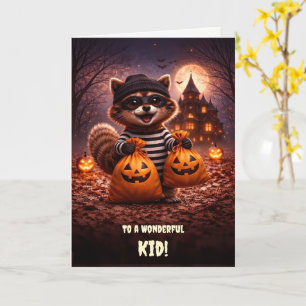 Tarjeta Niño Feliz Halloween Mapache Lindo