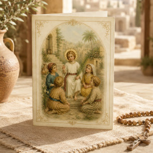 Tarjeta Niño Jesús Antiguo Con Niños Religiosos