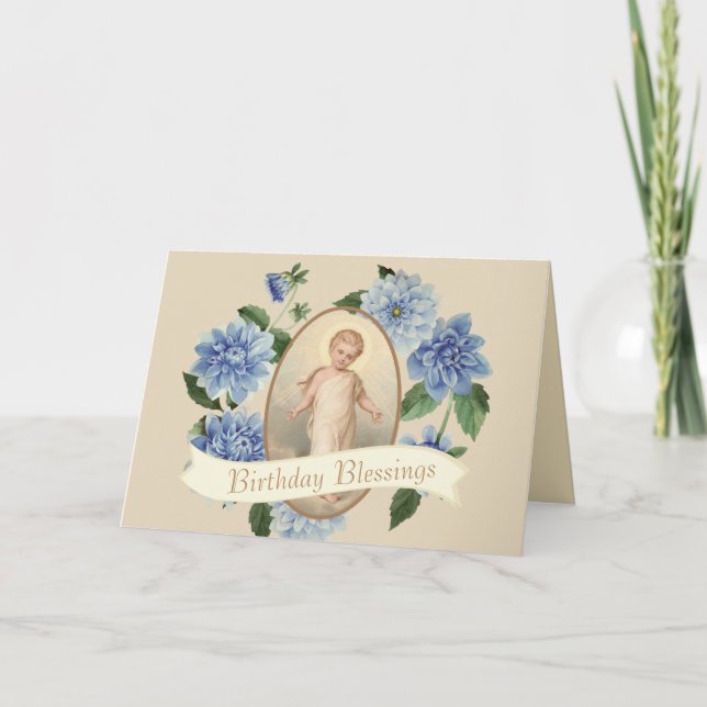 Tarjeta Niño Jesús Azul Floral Flora Flor Religiosa (Anverso)