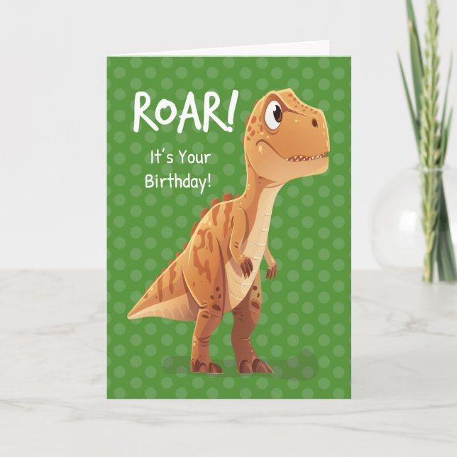 Tarjeta Niño pequeño Cumpleaños T Rex Roar con puntos de p (Anverso)