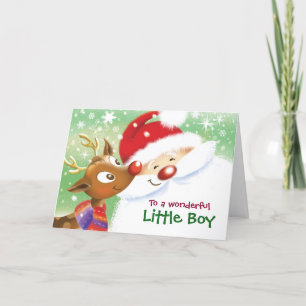 Tarjeta Niño pequeño, Navidades, reno lindo y Santa