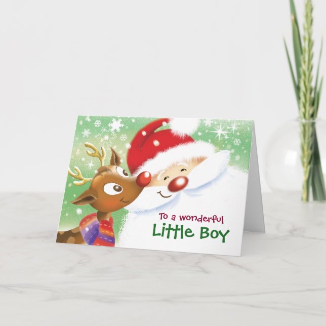 Tarjeta Niño pequeño, Navidades, reno lindo y Santa (Anverso)