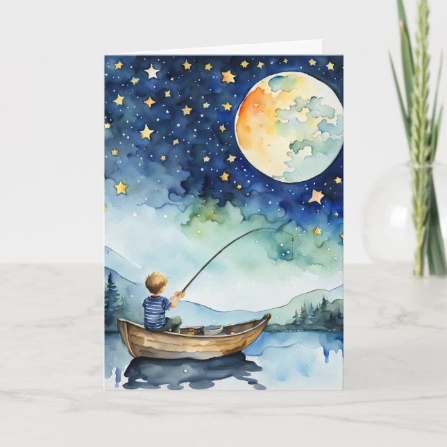 Tarjeta Niño Pescando Bajo Pleno Cumpleaños De La Luna (Anverso)
