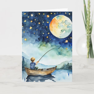 Tarjeta Niño Pescando Bajo Pleno Cumpleaños De La Luna