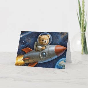 Tarjeta Niño Teddy Oso en un cohete