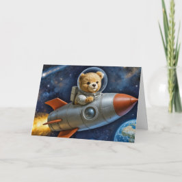 Tarjeta Niño Teddy Oso en un cohete