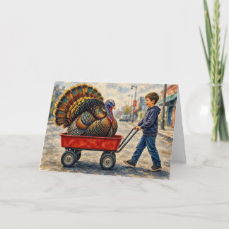 Tarjeta Niño tira de pavo en carro rojo,