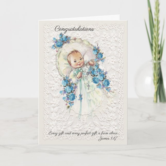 Tarjeta Niño Vintage con flores azules rojas (Anverso)