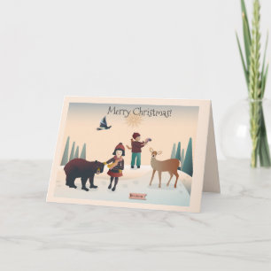 Tarjeta 💕 Niño y chica en el bosque con Navidades animale