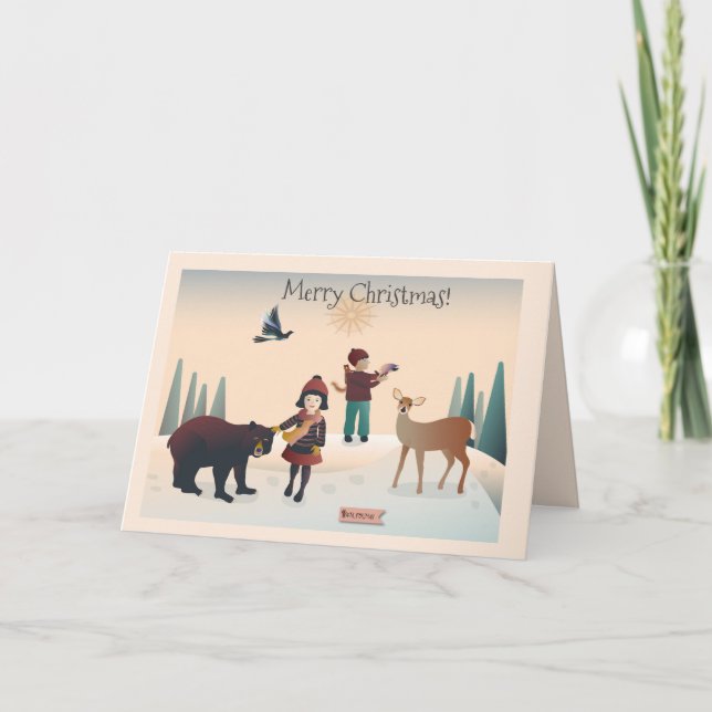 Tarjeta 💕 Niño y chica en el bosque con Navidades animale (Anverso)