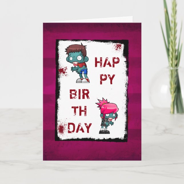 Tarjeta Niño y Chica zombi feliz cumpleaños (Anverso)