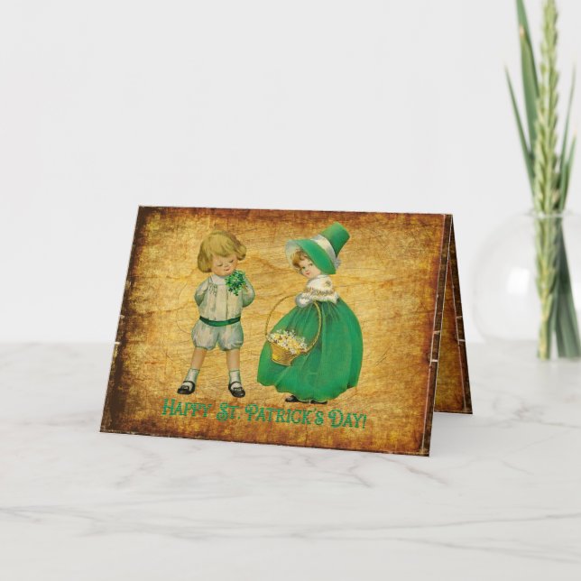 Tarjeta Niño y niña antiguos de verde Car San Patricio (Anverso)