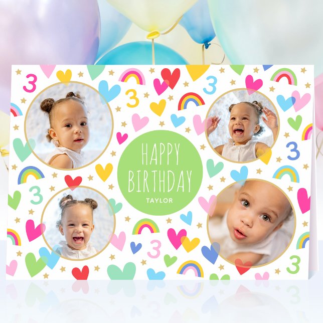Tarjeta Niños 3 cumpleaños lindo foto arcoiris corazón ver (Subido por el creador)