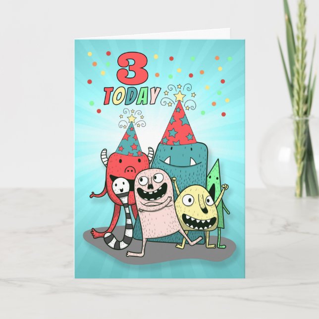 Tarjeta Niños 3er cumpleaños Monstruos Personalizados rojo (Anverso)
