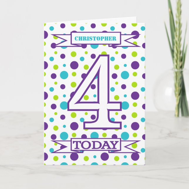 Tarjeta Niños 4 cumpleaños brillante punto de polka (Anverso)