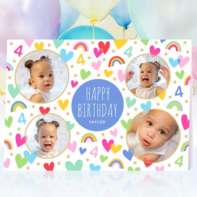 Tarjeta Niños 4 cumpleaños lindo foto arcoiris corazón azu (Subido por el creador)