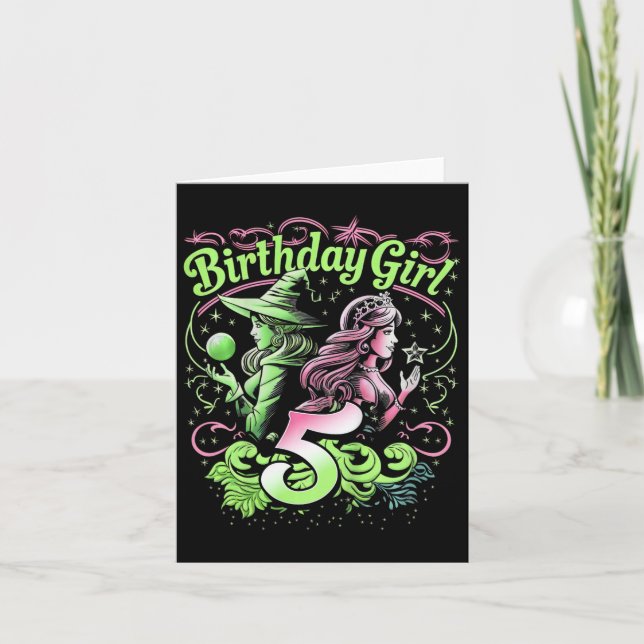 Tarjeta Niños 5º cumpleaños Bruja Rosa y Verde De 5 Años (Anverso)