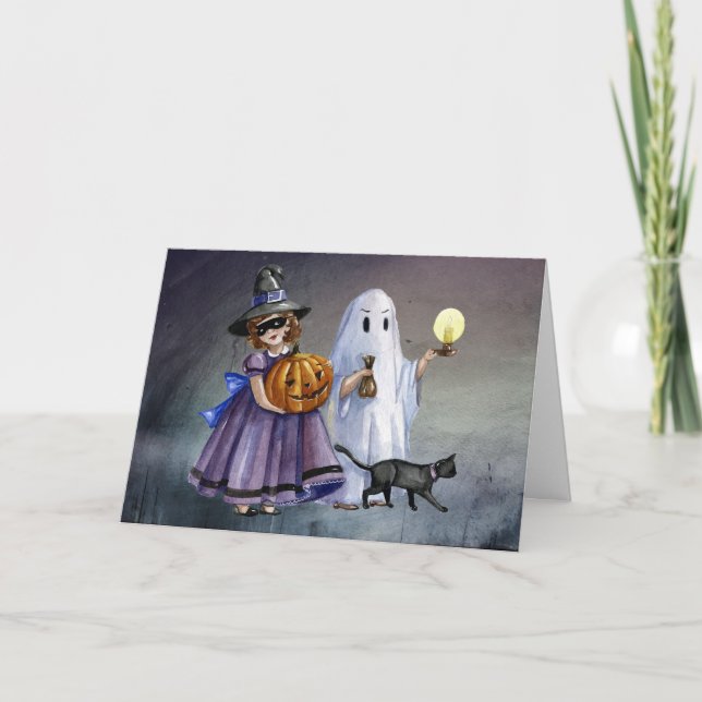 Tarjeta Niños acuarelas de Halloween (Anverso)