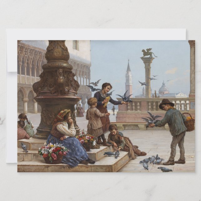 Tarjeta Niños alimentando palomas en Venecia (por Paoletti (Anverso)