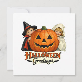 Tarjeta Niños antiguos con calabazas gigantes Halloween