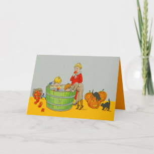 Tarjeta Niños Bobinando Para Manzanas Linterna De Jack O'