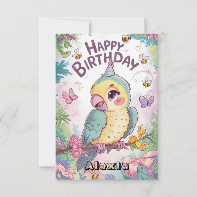 Tarjeta Niños coloridos Parrot Digital Cumpleaños (Anverso)