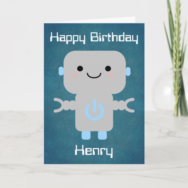 Tarjeta Niños Cumpleaños Cute Personalizado Robot Blue (Anverso)