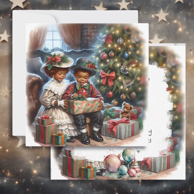 Tarjeta Niños de época abriendo regalos de Navidad (Subido por el creador)