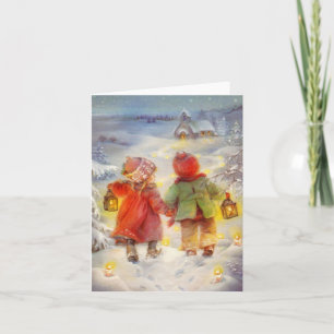 Tarjeta Niños de estilo vintage caminando en la nieve