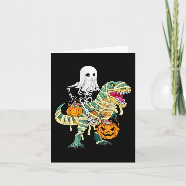 Tarjeta Niños de Halloween niños Skeleton Riding Dinosaur  (Anverso)