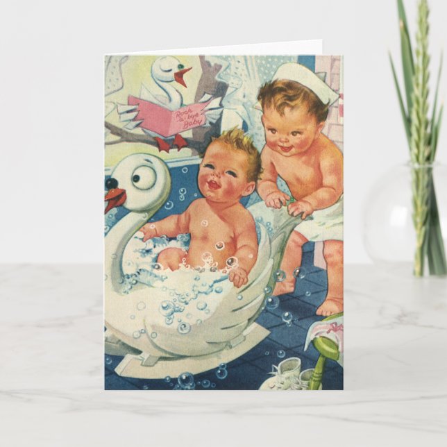 Tarjeta Niños de la época jugando con burbujas en la bañer (Anverso)