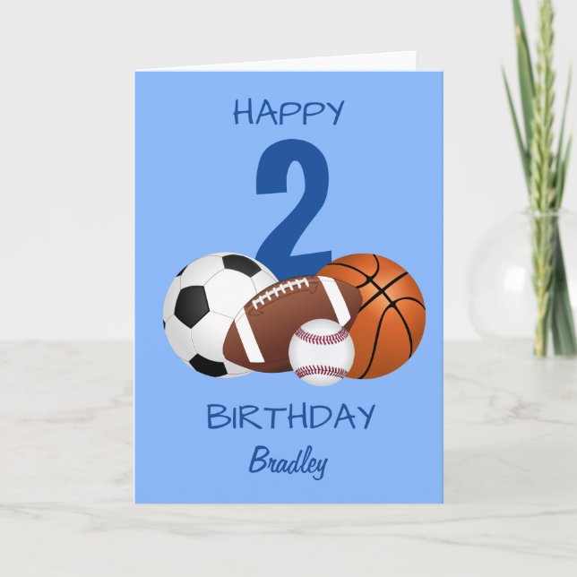 Tarjeta Niños del deporte azul feliz cumpleaños (Anverso)