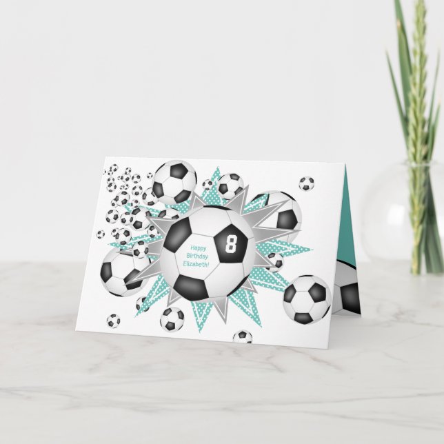 Tarjeta niños deportivos de cumpleaños bola de fútbol (Anverso)