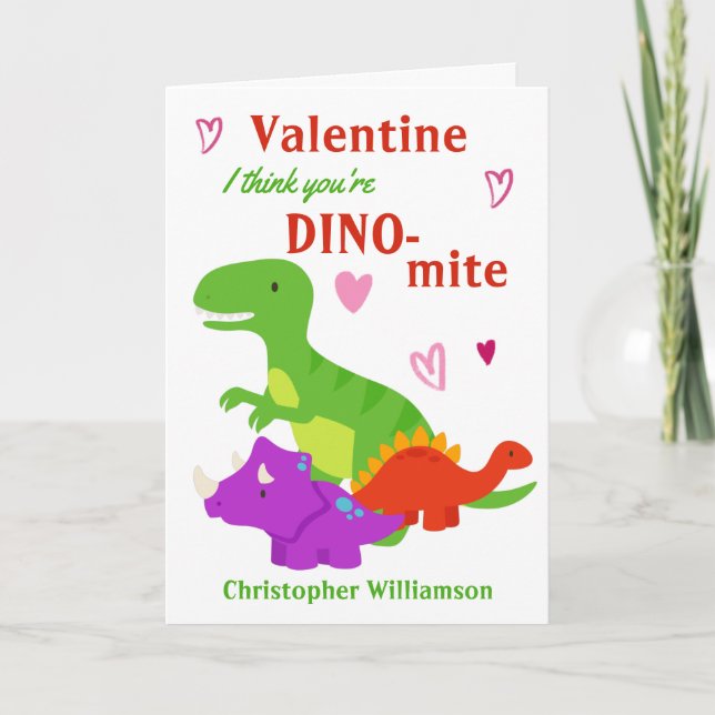 Tarjeta Niños Día de San Valentín Dino-mite dinosaurio (Anverso)