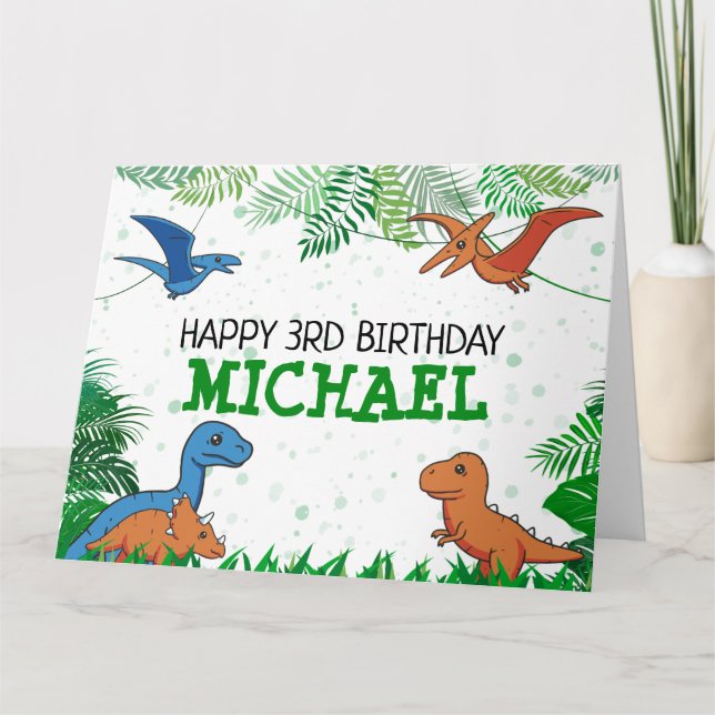 Tarjeta Niños Dino Jurassic Trex Boy Dinosaurio Cumpleaños (Anverso)